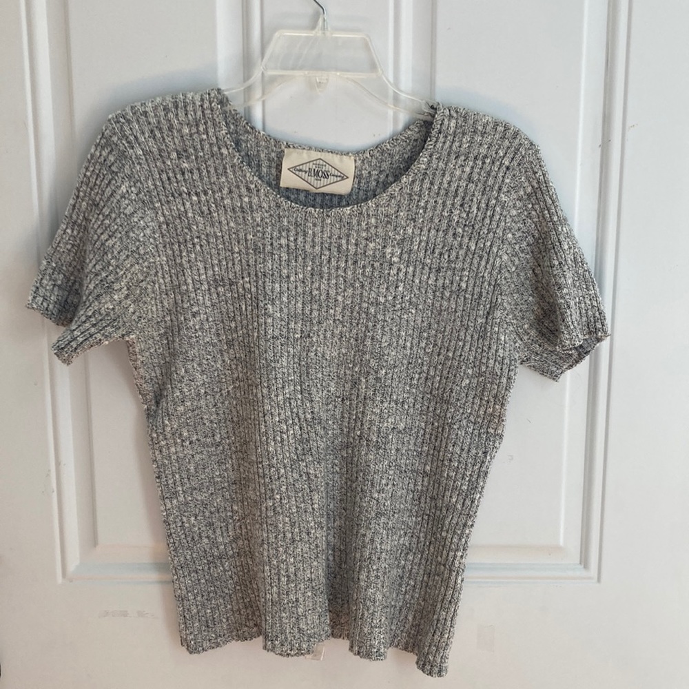Black and white cable knit short sleeve sweater